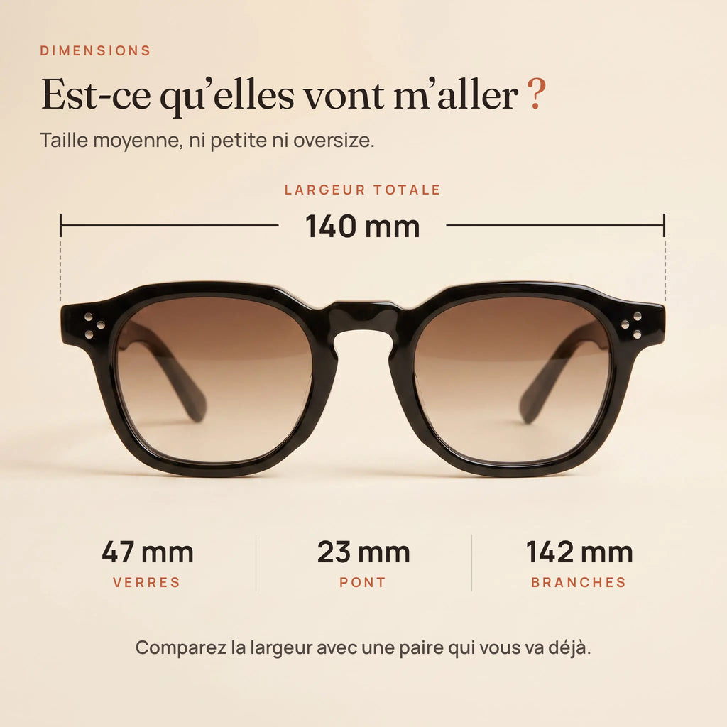 Dimensions du Levant : largeur 140 mm, verres 47 mm, pont 23 mm, branches 142 mm