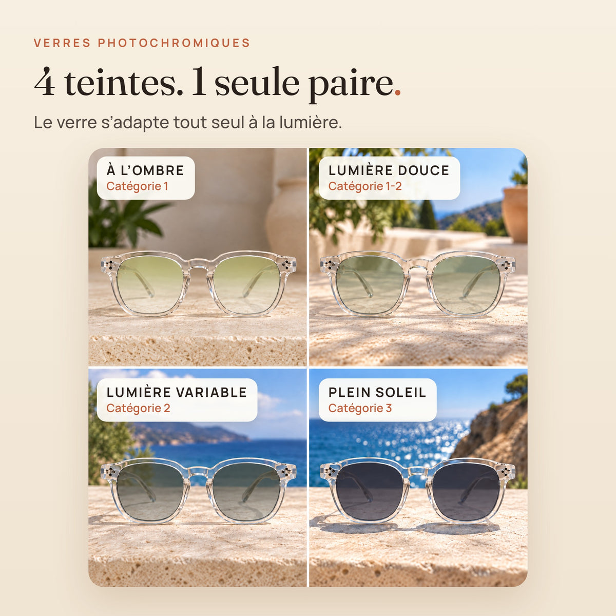 Le Levant Olive : 4 teintes selon la lumière, de la catégorie 1 à la catégorie 3