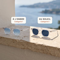 Deux paires Le Levant Riviera côte à côte : verres bleu pâle à l'ombre, bleu marine au soleil