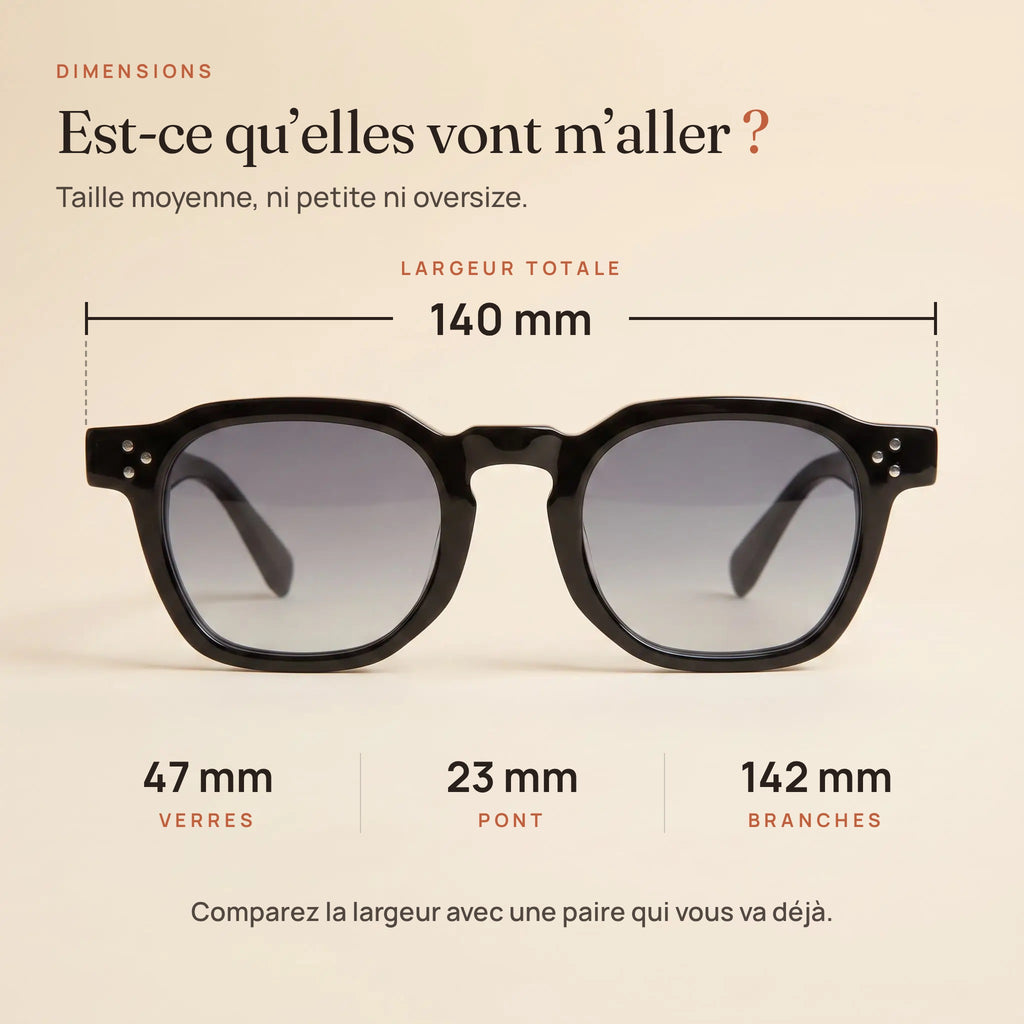 Dimensions du Levant : largeur 140 mm, verres 47 mm, pont 23 mm, branches 142 mm