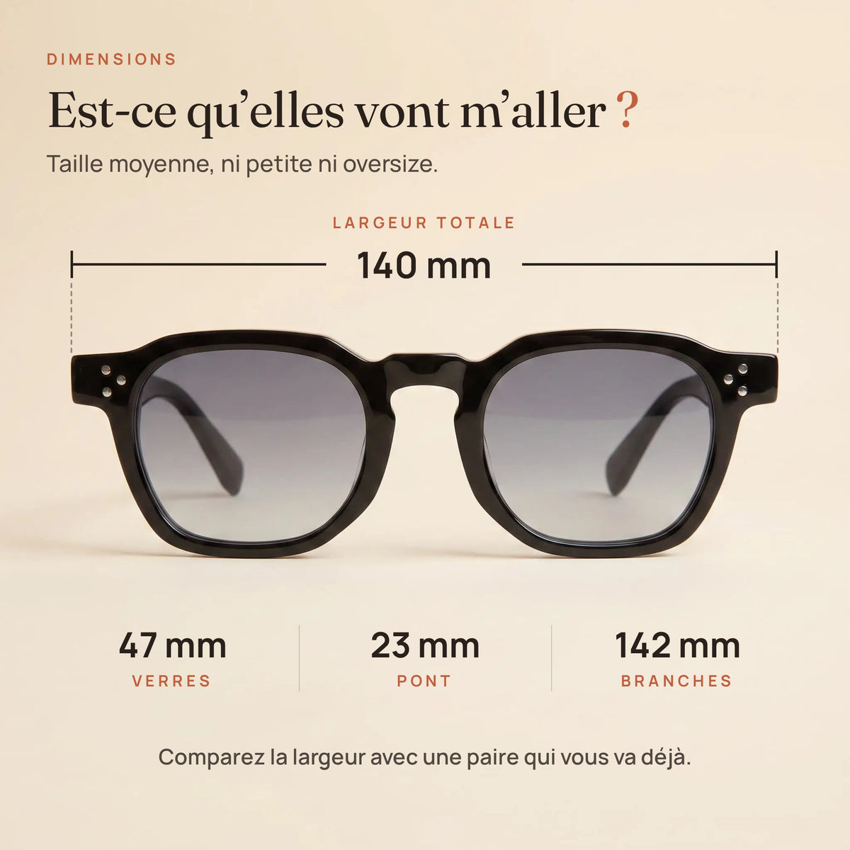 Dimensions du Levant : largeur 140 mm, verres 47 mm, pont 23 mm, branches 142 mm