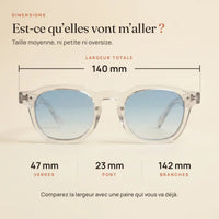 Dimensions du Levant : largeur 140 mm, verres 47 mm, pont 23 mm, branches 142 mm