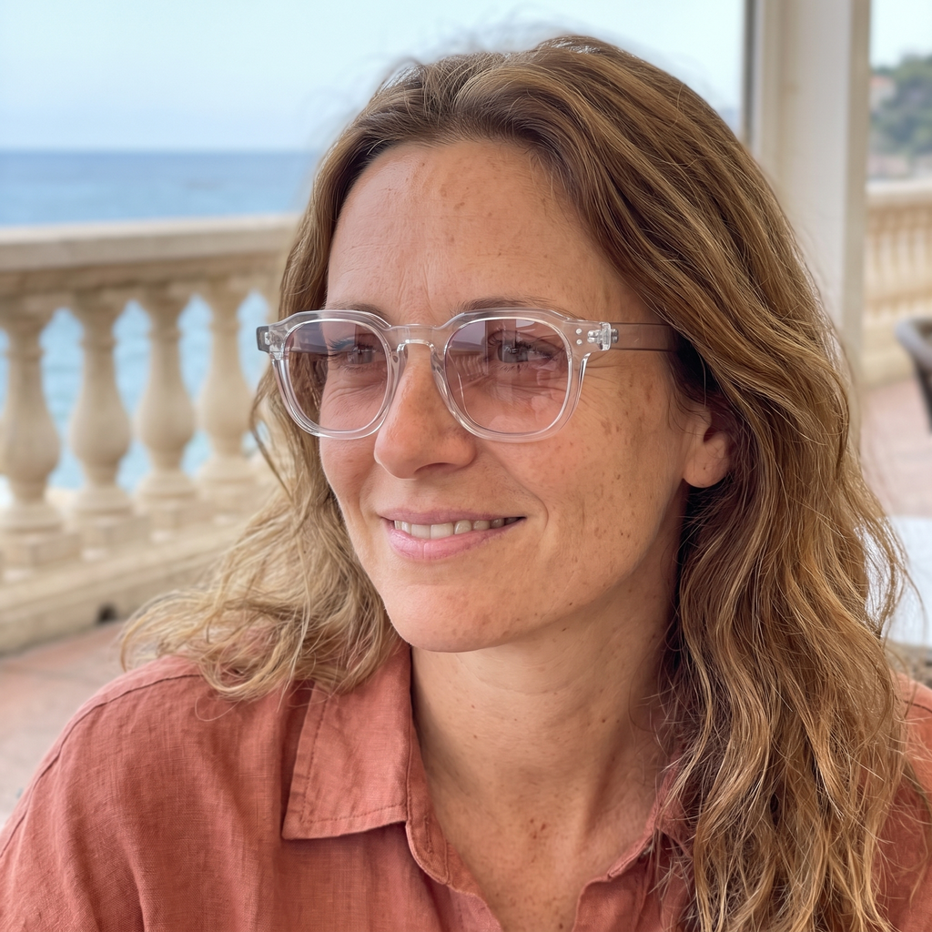 Femme portant Le Levant Rosé à l'ombre, monture cristal, verres rose clair