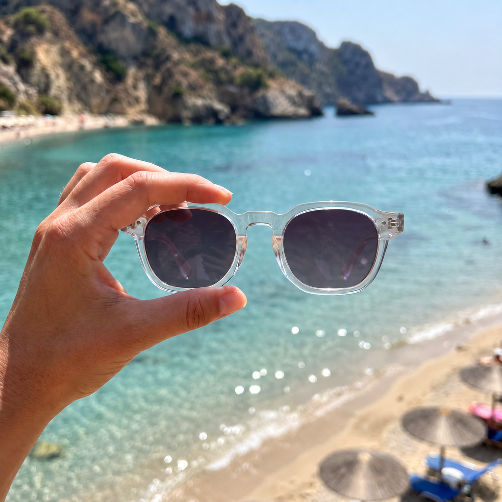 Le Levant Rosé tenue en main en plein soleil, verres foncés