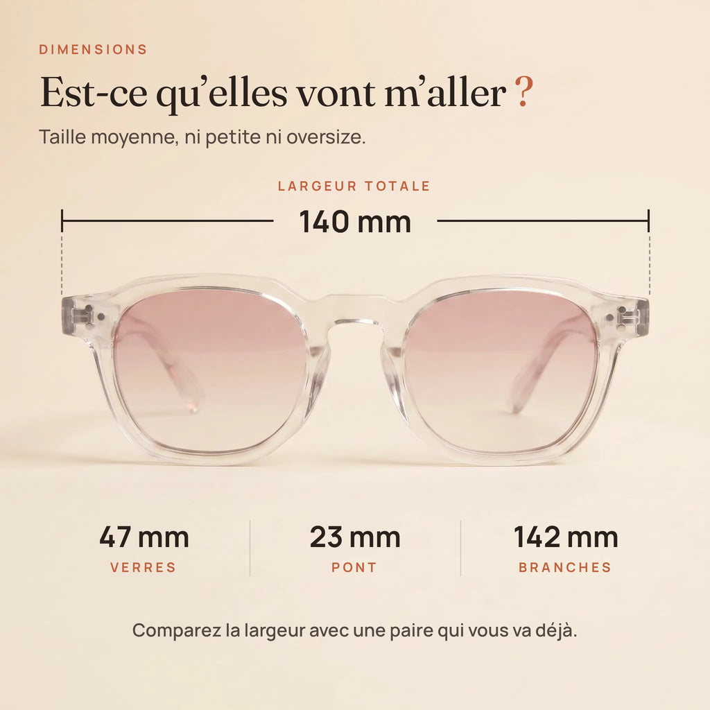 Dimensions du Levant : largeur 140 mm, verres 47 mm, pont 23 mm, branches 142 mm