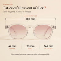 Dimensions du Levant : largeur 140 mm, verres 47 mm, pont 23 mm, branches 142 mm