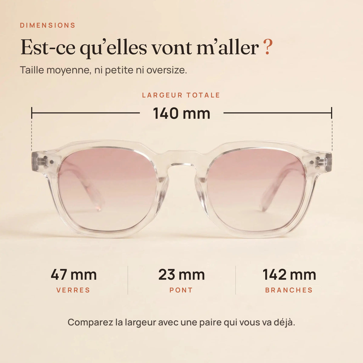 Dimensions du Levant : largeur 140 mm, verres 47 mm, pont 23 mm, branches 142 mm