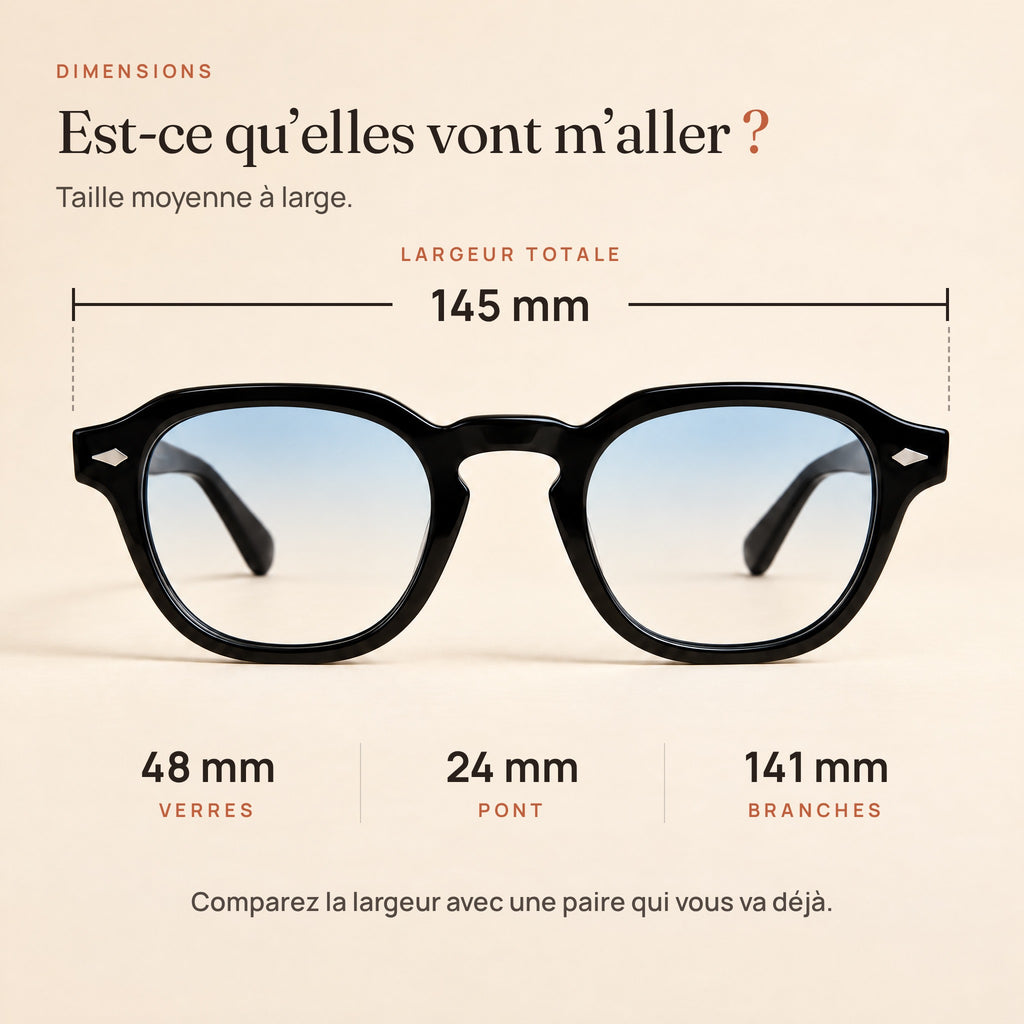 Dimensions du Sirocco : largeur 145 mm, verres 48 mm, pont 24 mm, branches 141 mm