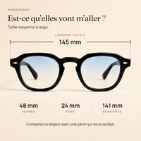 Dimensions du Sirocco : largeur 145 mm, verres 48 mm, pont 24 mm, branches 141 mm