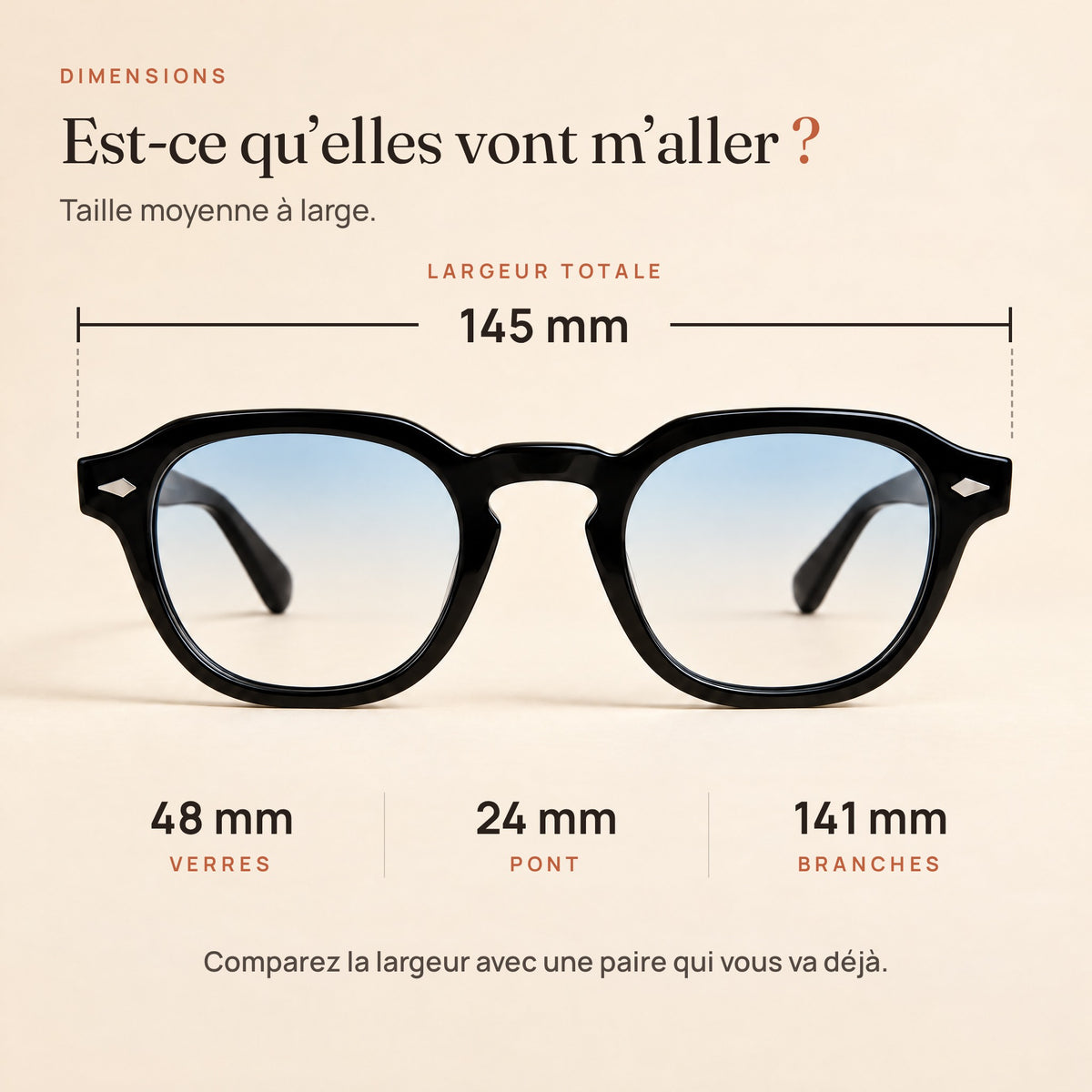 Dimensions du Sirocco : largeur 145 mm, verres 48 mm, pont 24 mm, branches 141 mm