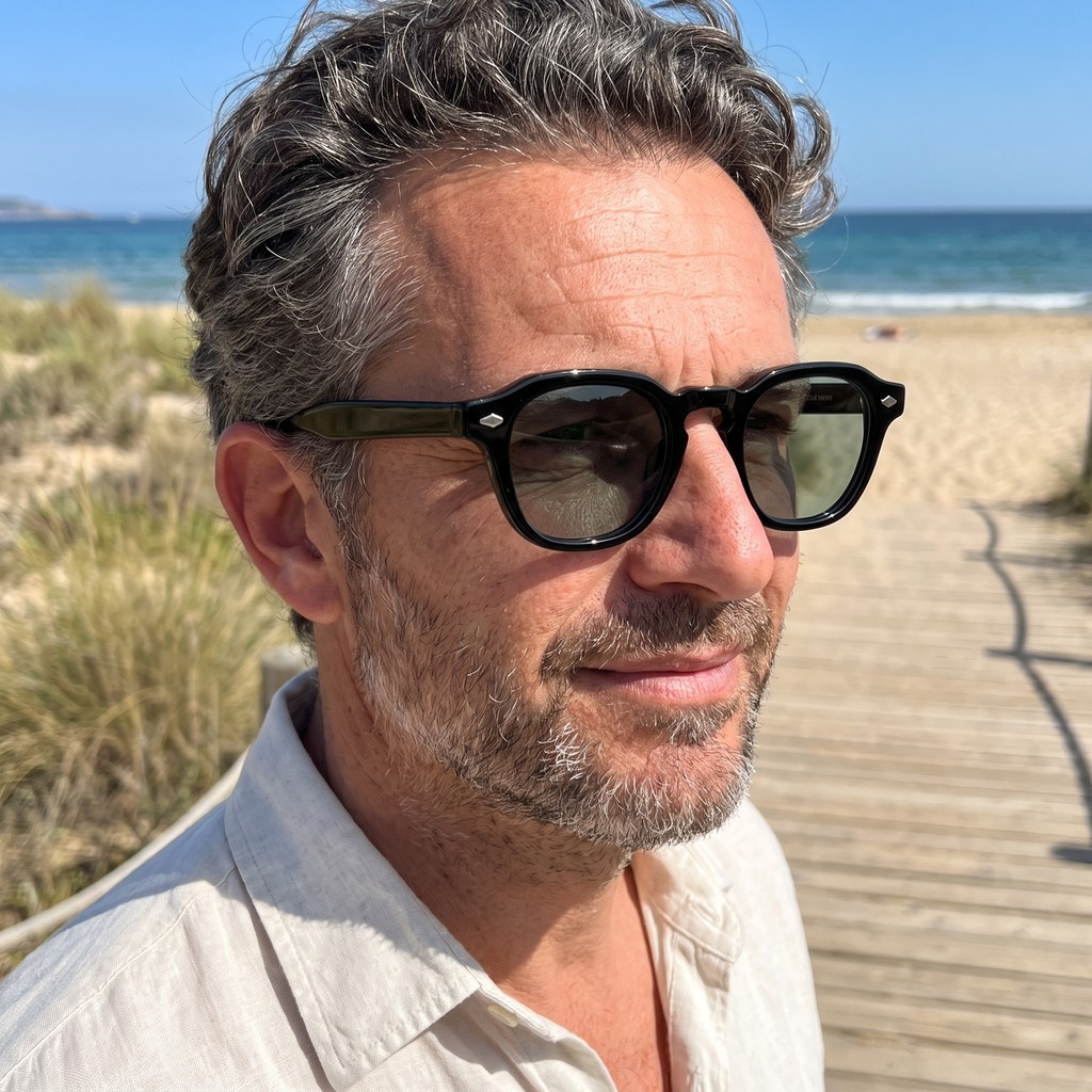 Homme portant Le Sirocco Emerald au soleil, monture noire brillante, verres teintés