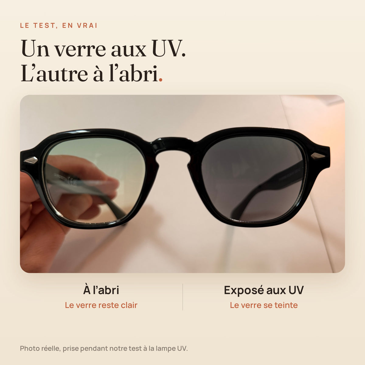 Le Sirocco Emerald : test réel à la lampe UV, un verre exposé et un verre à l'abri