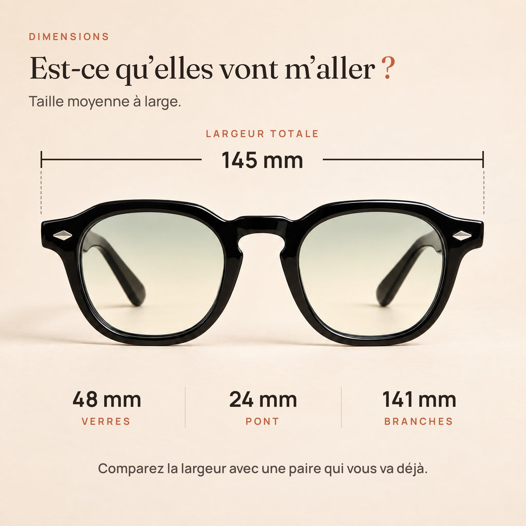 Dimensions du Sirocco : largeur 145 mm, verres 48 mm, pont 24 mm, branches 141 mm