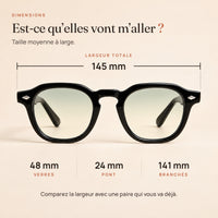 Dimensions du Sirocco : largeur 145 mm, verres 48 mm, pont 24 mm, branches 141 mm
