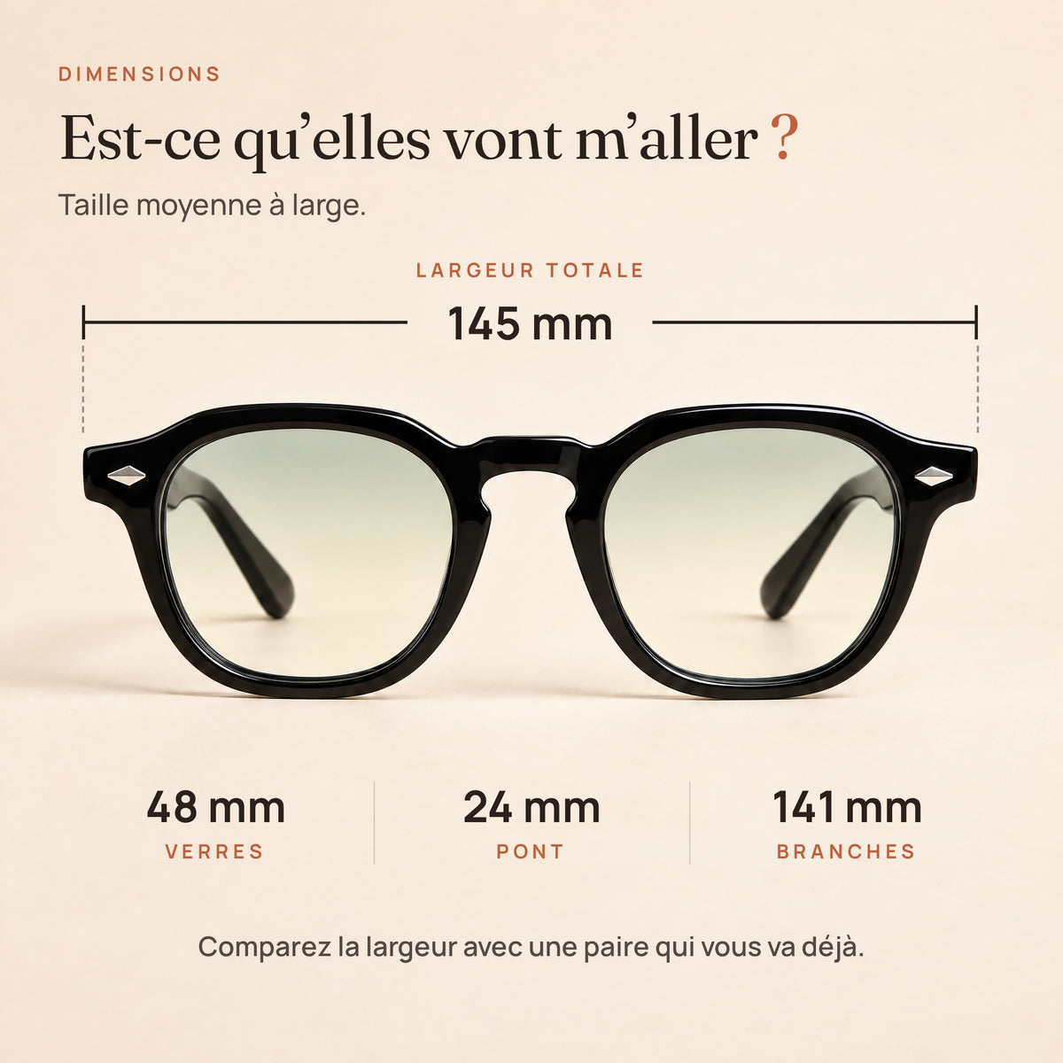 Dimensions du Sirocco : largeur 145 mm, verres 48 mm, pont 24 mm, branches 141 mm