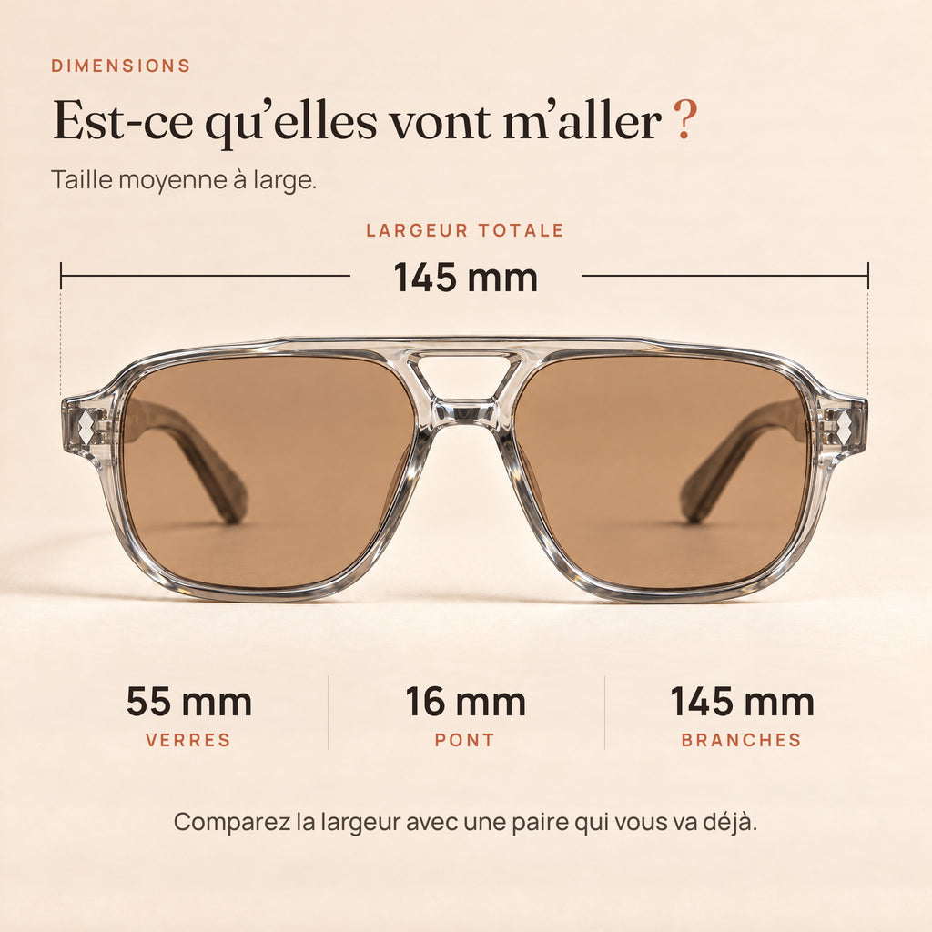 Dimensions du Zéphyr : largeur 145 mm, verres 55 mm, pont 16 mm, branches 145 mm