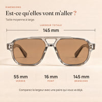 Dimensions du Zéphyr : largeur 145 mm, verres 55 mm, pont 16 mm, branches 145 mm