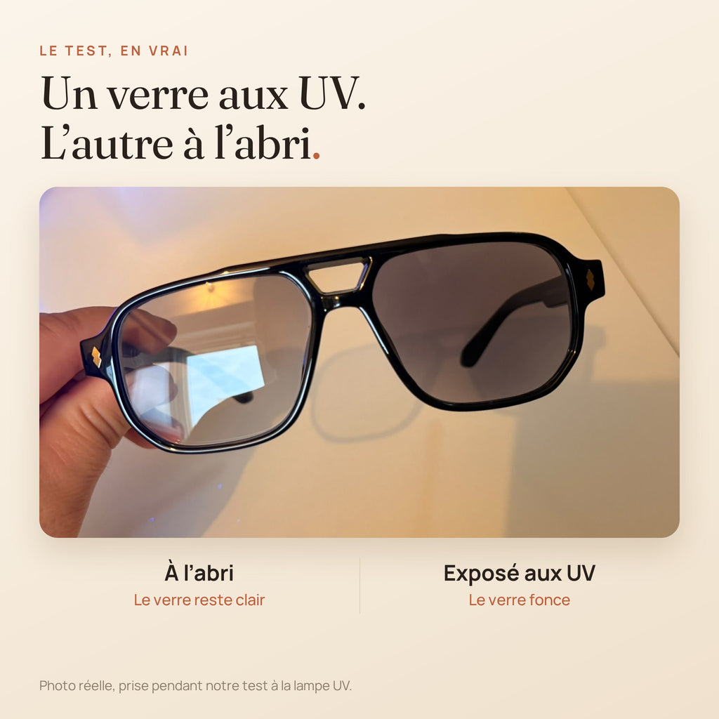 Le Zéphyr Onyx : test réel à la lampe UV, un verre exposé et un verre à l'abri