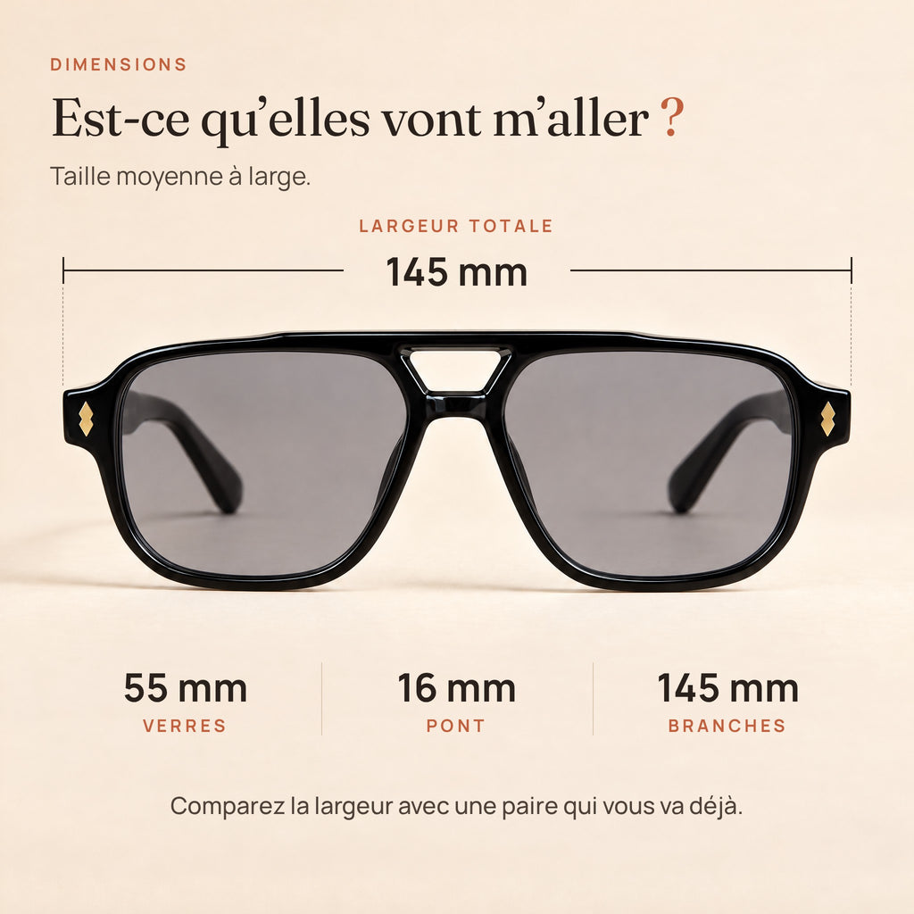 Dimensions du Zéphyr : largeur 145 mm, verres 55 mm, pont 16 mm, branches 145 mm