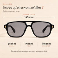 Dimensions du Zéphyr : largeur 145 mm, verres 55 mm, pont 16 mm, branches 145 mm